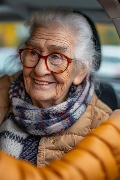 Senior happy lady getting out of the car, caregiver helping her, holding her hands. Elderly woman has problem with standing up from the car back seat. --ar 4:3 --stylize 250 Job ID: 27b8413b-c621-4148-a272-87f9af9e4a81
